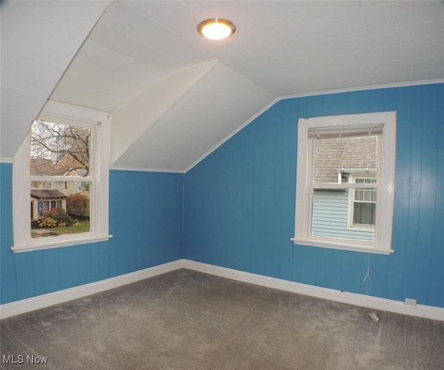 bonus room with carpet flooring, a healthy amount of sunlight, and lofted ceiling