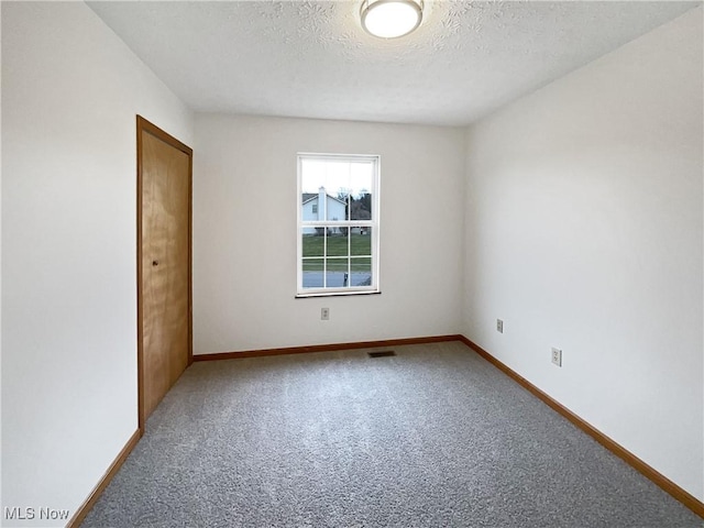 unfurnished room with carpet and a textured ceiling