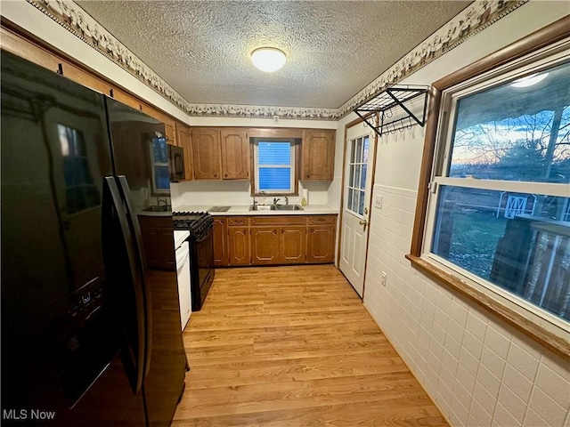 kitchen with sink, a textured ceiling, light wood-type flooring, and black appliances