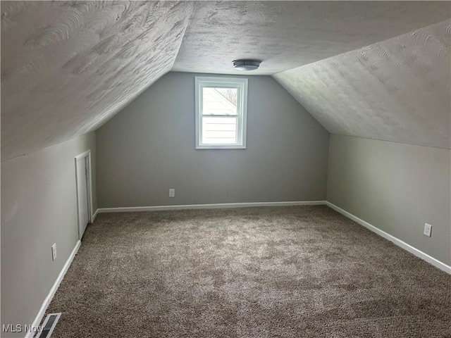 additional living space featuring a textured ceiling, carpet, and vaulted ceiling