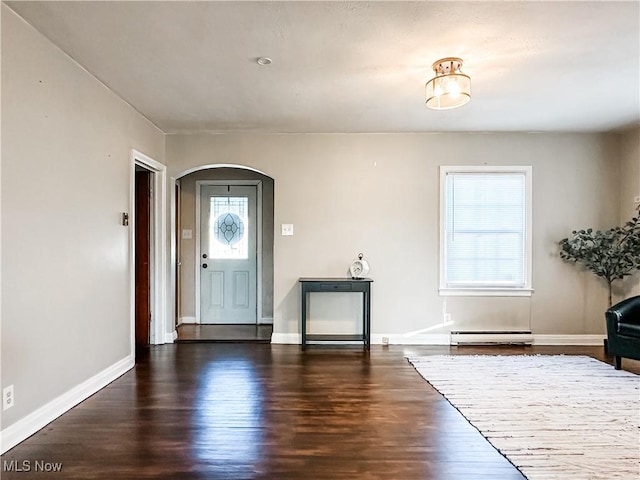 entryway featuring baseboard heating and dark wood-type flooring