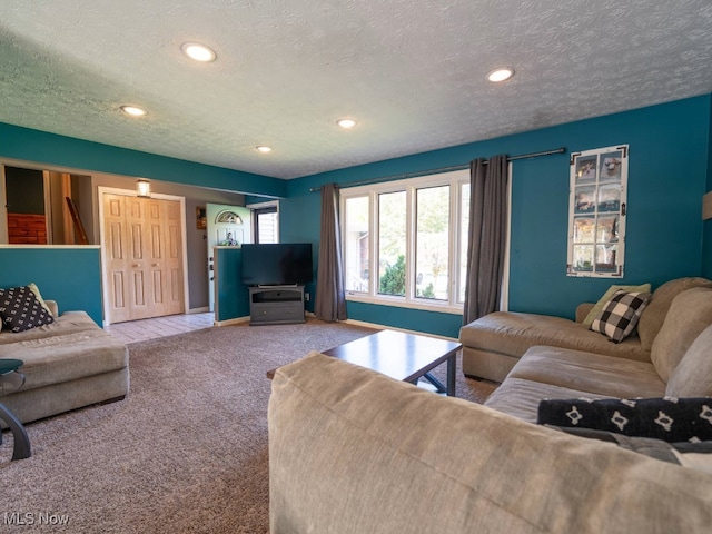 carpeted living room with a textured ceiling