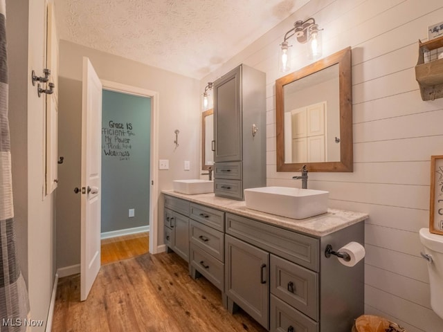 bathroom featuring hardwood / wood-style flooring, vanity, and a textured ceiling