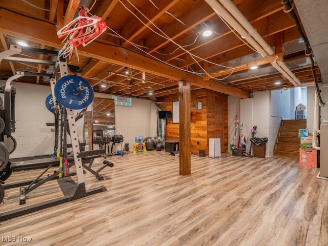 workout room featuring hardwood / wood-style flooring