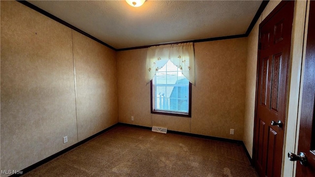 carpeted spare room with crown molding and a textured ceiling