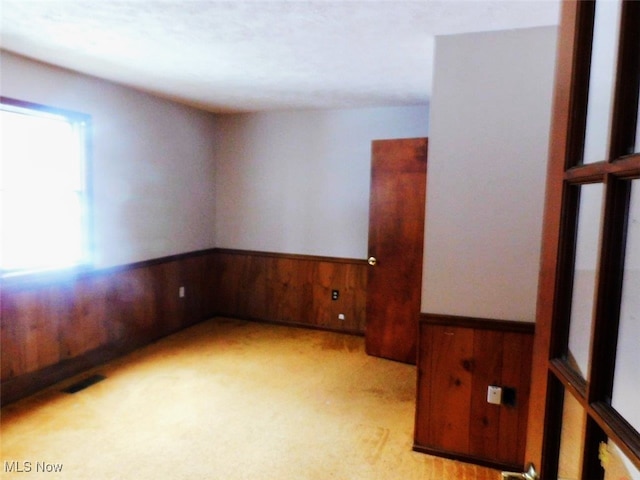 unfurnished room featuring wooden walls and light carpet