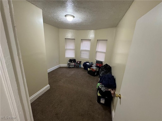 miscellaneous room featuring dark carpet and a textured ceiling