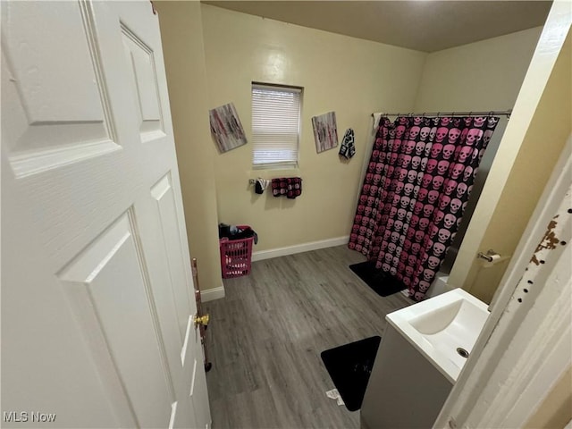 bathroom featuring hardwood / wood-style floors and vanity