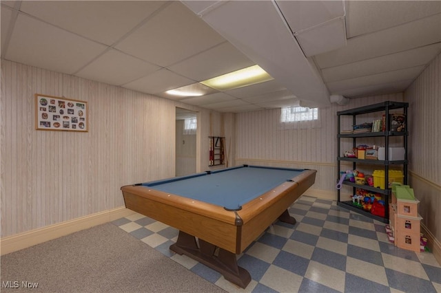 game room with a drop ceiling and pool table