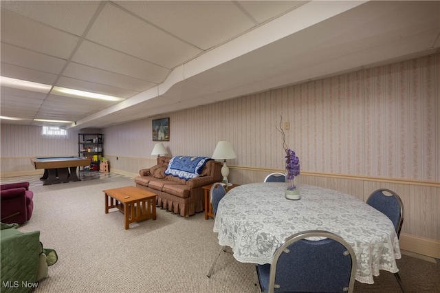 interior space featuring carpet flooring, a drop ceiling, and pool table