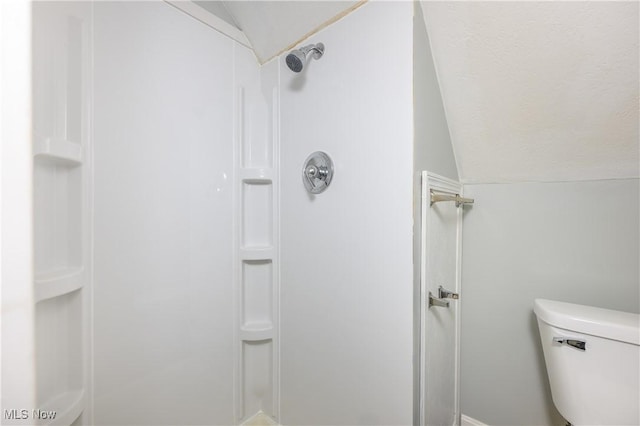 bathroom with toilet, walk in shower, and lofted ceiling