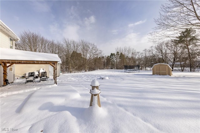 yard covered in snow with a storage shed