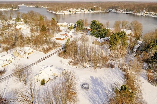 snowy aerial view with a water view