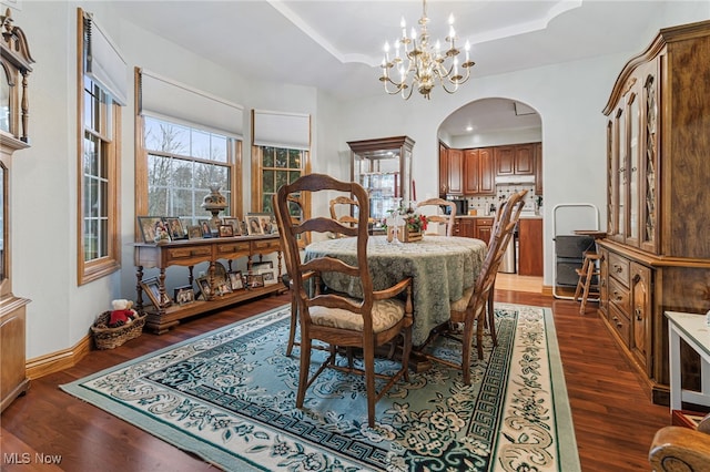 dining room featuring a raised ceiling, dark wood-type flooring, and a notable chandelier