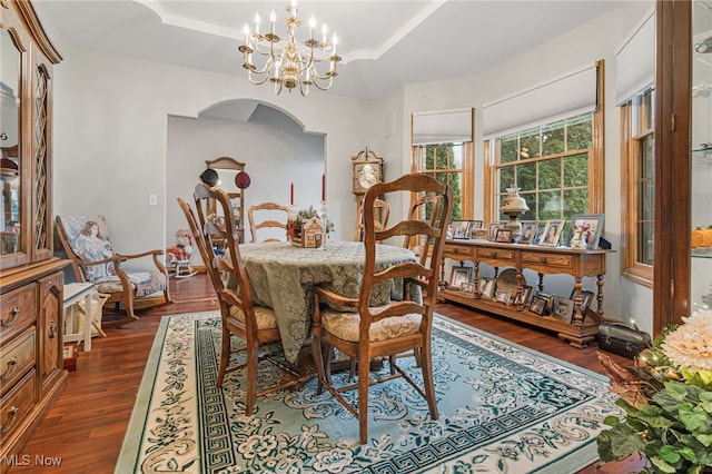 dining area featuring a raised ceiling, a notable chandelier, and dark hardwood / wood-style flooring