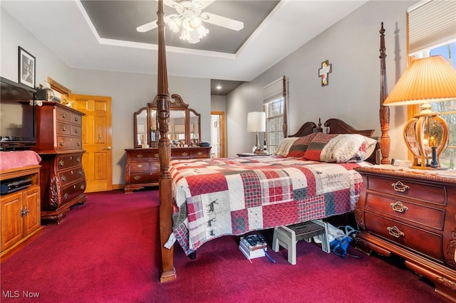 carpeted bedroom featuring multiple windows, a tray ceiling, and ceiling fan