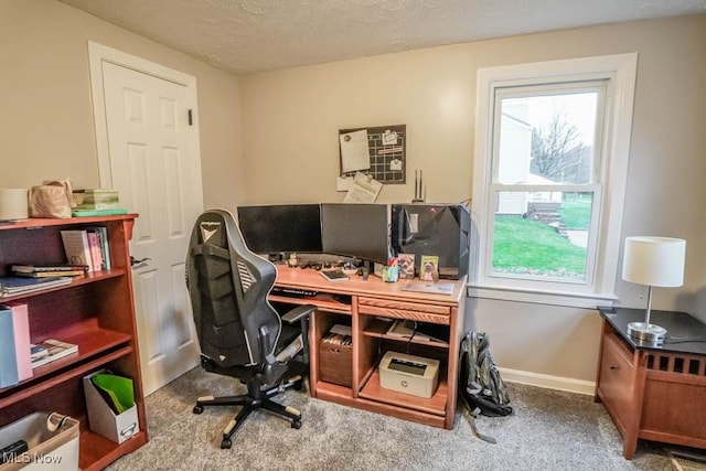 office with carpet and a textured ceiling