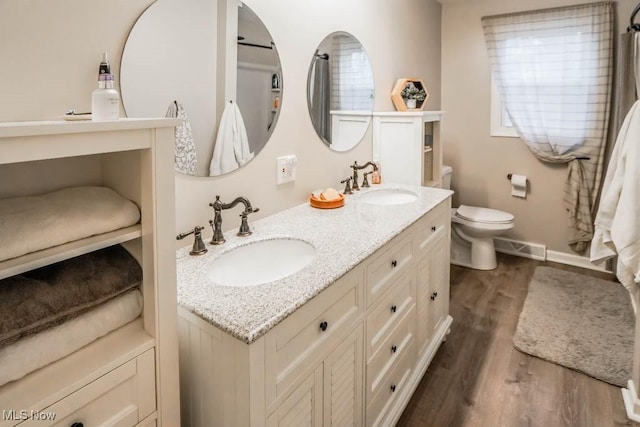 bathroom featuring vanity, wood-type flooring, and toilet