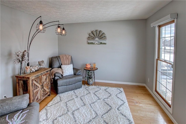 living area featuring light hardwood / wood-style floors and a textured ceiling