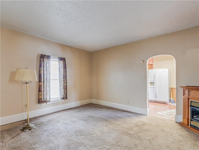 unfurnished living room with carpet flooring and a textured ceiling