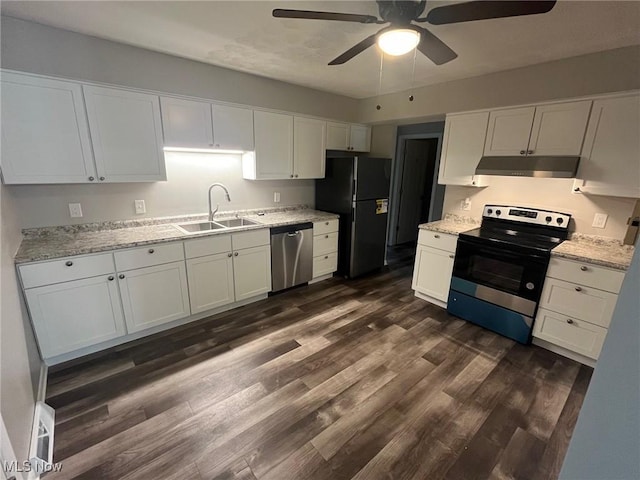 kitchen featuring white cabinetry, sink, ceiling fan, dark wood-type flooring, and stainless steel appliances