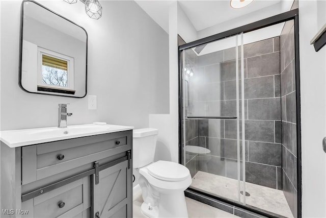 bathroom featuring vanity, an enclosed shower, and toilet