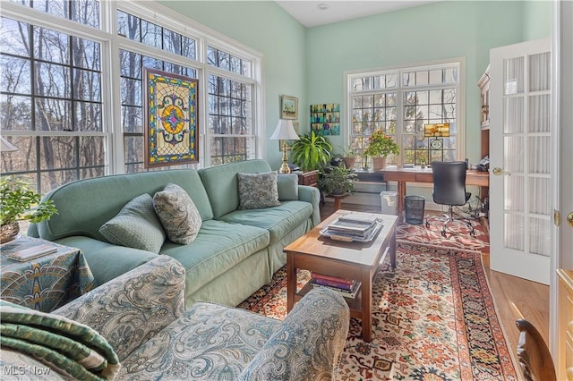 living area with hardwood / wood-style flooring and a wealth of natural light