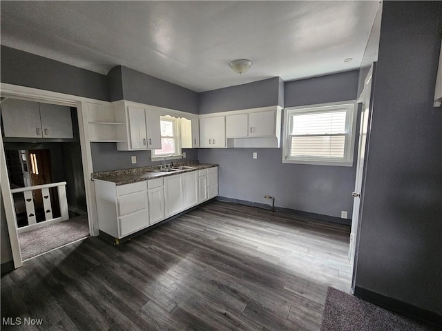 kitchen with white cabinets, dark hardwood / wood-style flooring, and sink