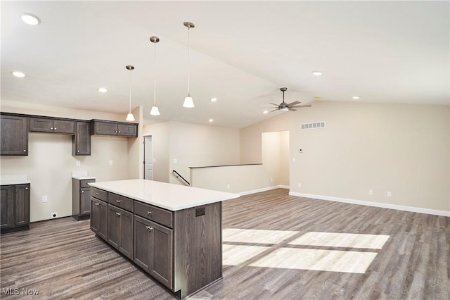 kitchen featuring light hardwood / wood-style floors, vaulted ceiling, ceiling fan, and a kitchen island