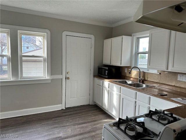 kitchen with gas range gas stove, white cabinetry, sink, dark hardwood / wood-style flooring, and crown molding