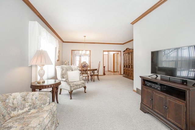 carpeted living room featuring a notable chandelier and ornamental molding