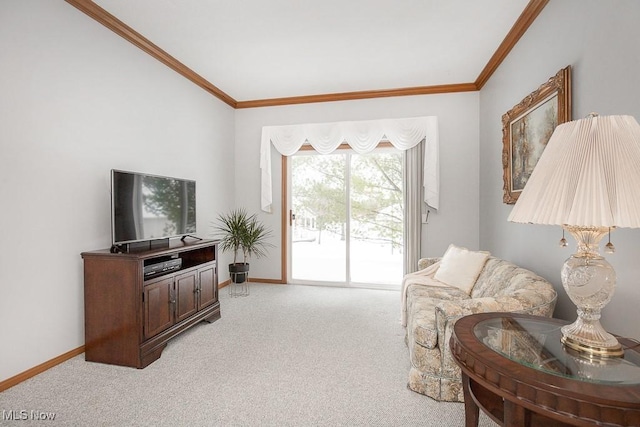 carpeted living room featuring crown molding