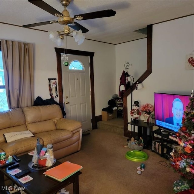 carpeted living room with ceiling fan and a healthy amount of sunlight