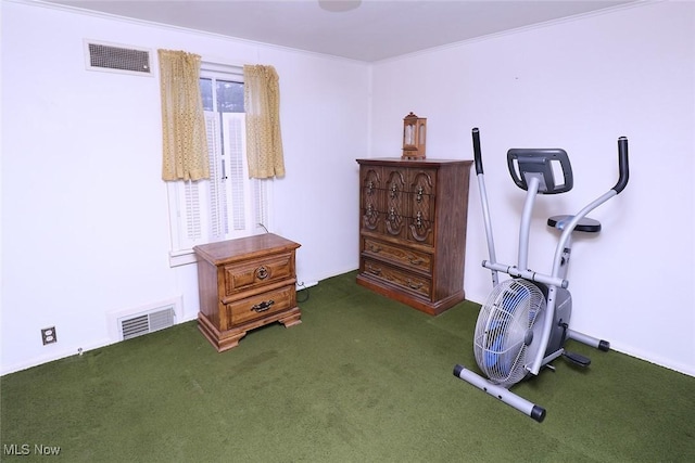 misc room featuring dark colored carpet and ornamental molding