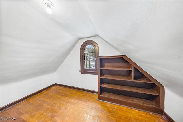 additional living space with vaulted ceiling and hardwood / wood-style flooring