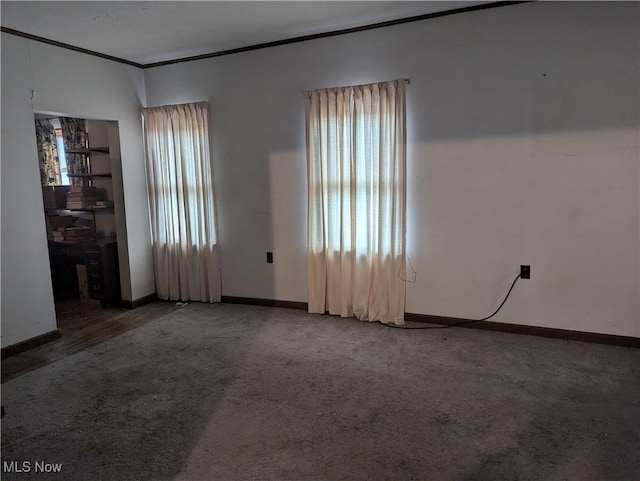 unfurnished room with carpet floors and ornamental molding