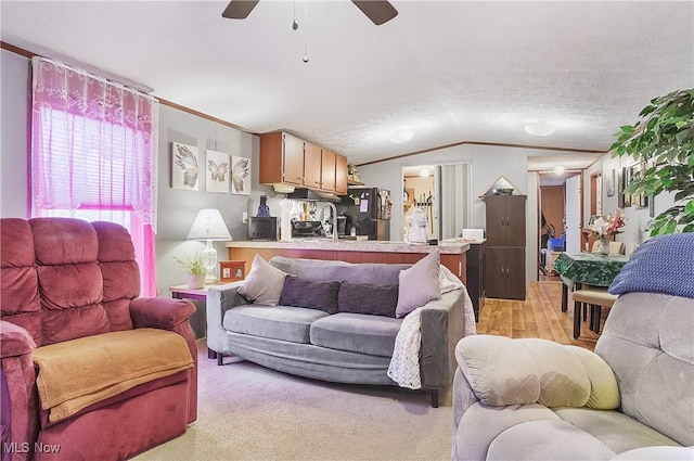 living room featuring ceiling fan, sink, light hardwood / wood-style floors, a textured ceiling, and lofted ceiling