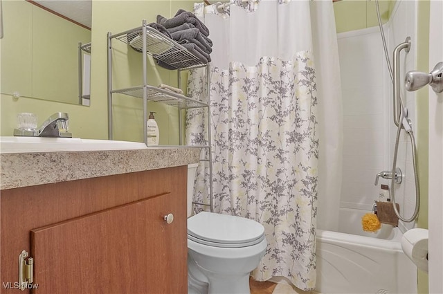 full bathroom featuring vanity, shower / bathtub combination with curtain, and toilet