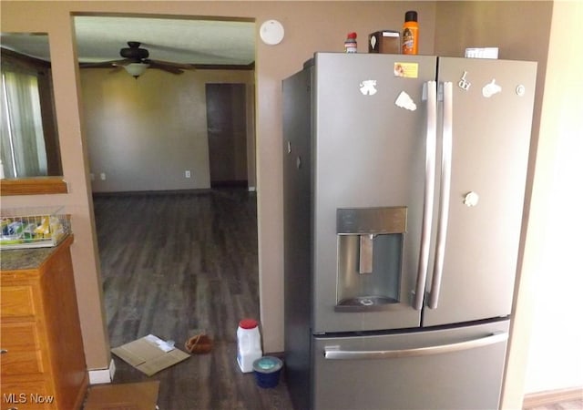 kitchen featuring stainless steel refrigerator with ice dispenser, hardwood / wood-style flooring, and ceiling fan