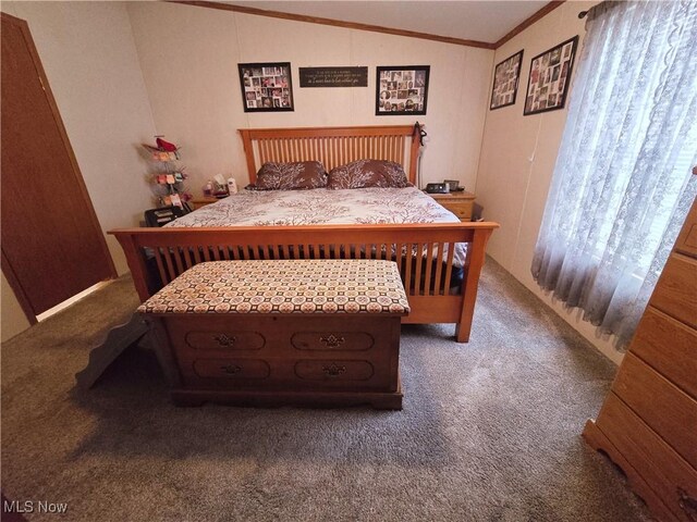 carpeted bedroom with ornamental molding and lofted ceiling