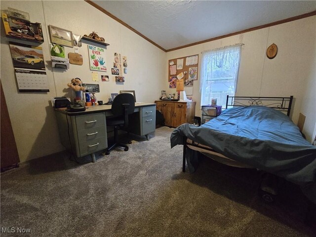 bedroom featuring dark colored carpet, lofted ceiling, ornamental molding, and a textured ceiling