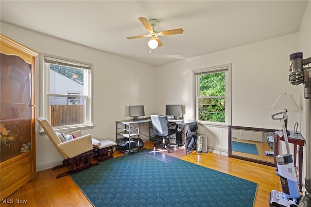 office area featuring ceiling fan and hardwood / wood-style flooring