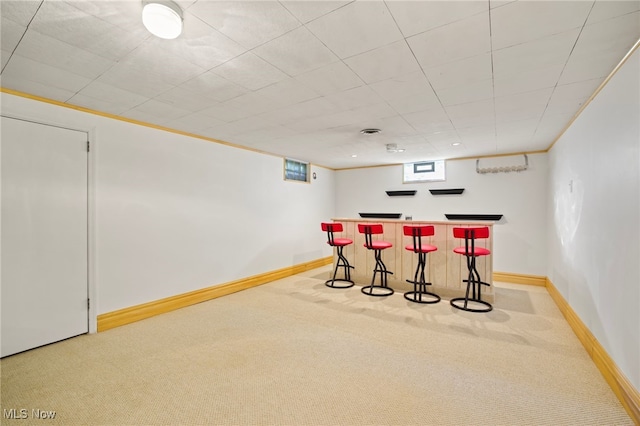 bar with light colored carpet and ornamental molding