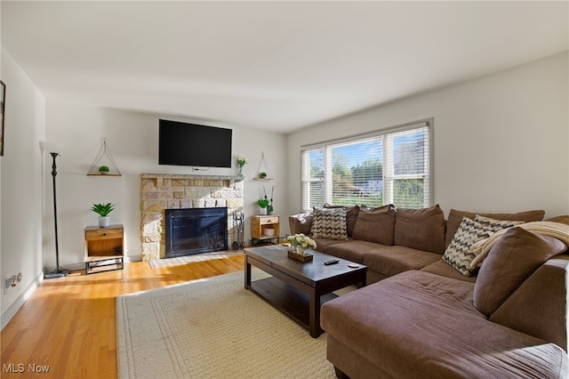 living room with a fireplace and wood-type flooring