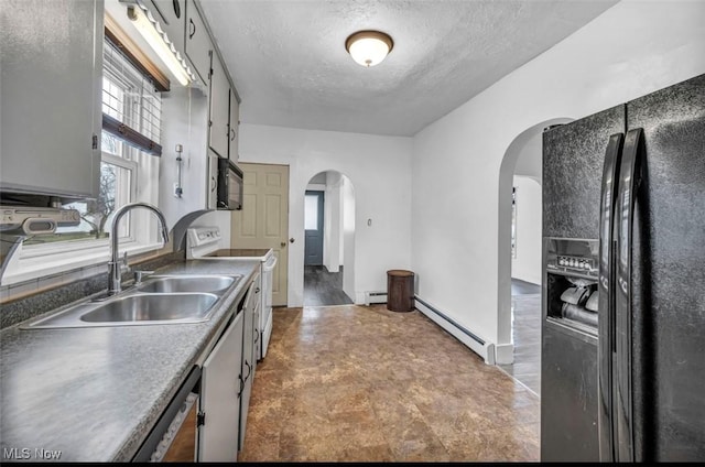 kitchen with black appliances, a textured ceiling, sink, and a baseboard heating unit