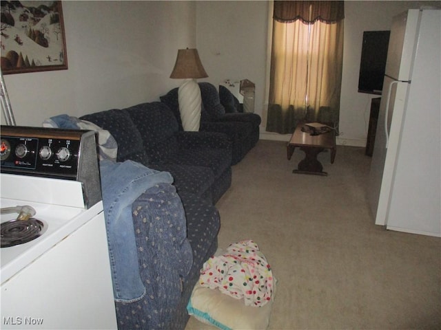 carpeted living room with washer / clothes dryer