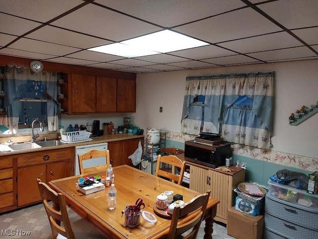 kitchen featuring dishwasher, a drop ceiling, and sink