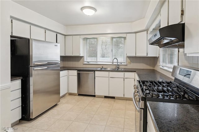 kitchen with backsplash, stainless steel appliances, extractor fan, sink, and white cabinetry