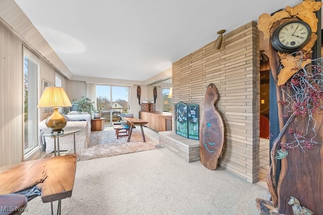 living room featuring light colored carpet