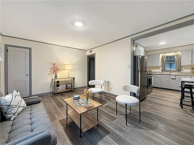 living room with dark hardwood / wood-style flooring and sink